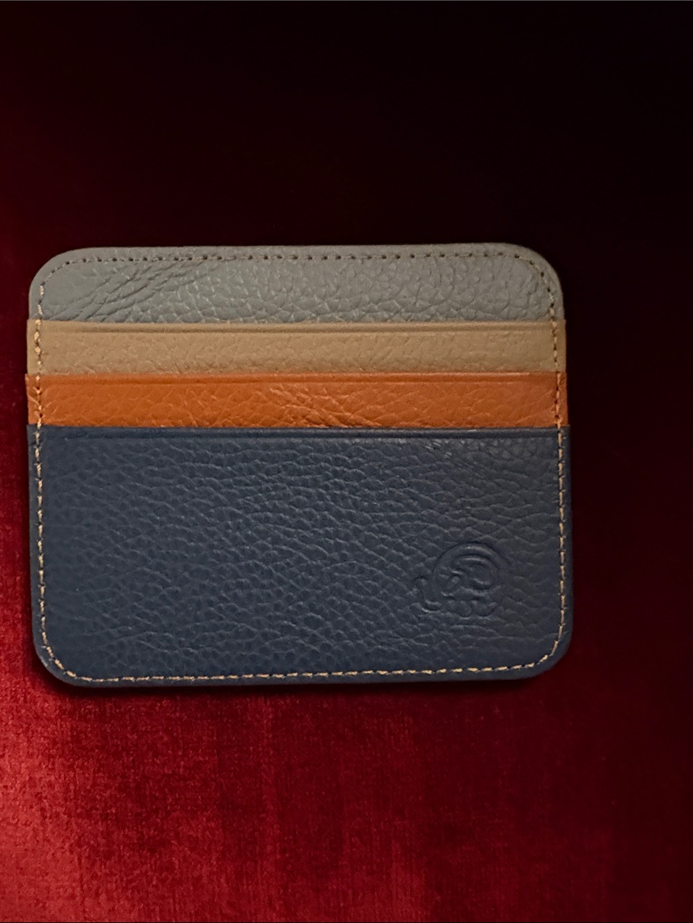 Hand made Italian Leather Card Holder Wallet - Blue, Tan & Orange